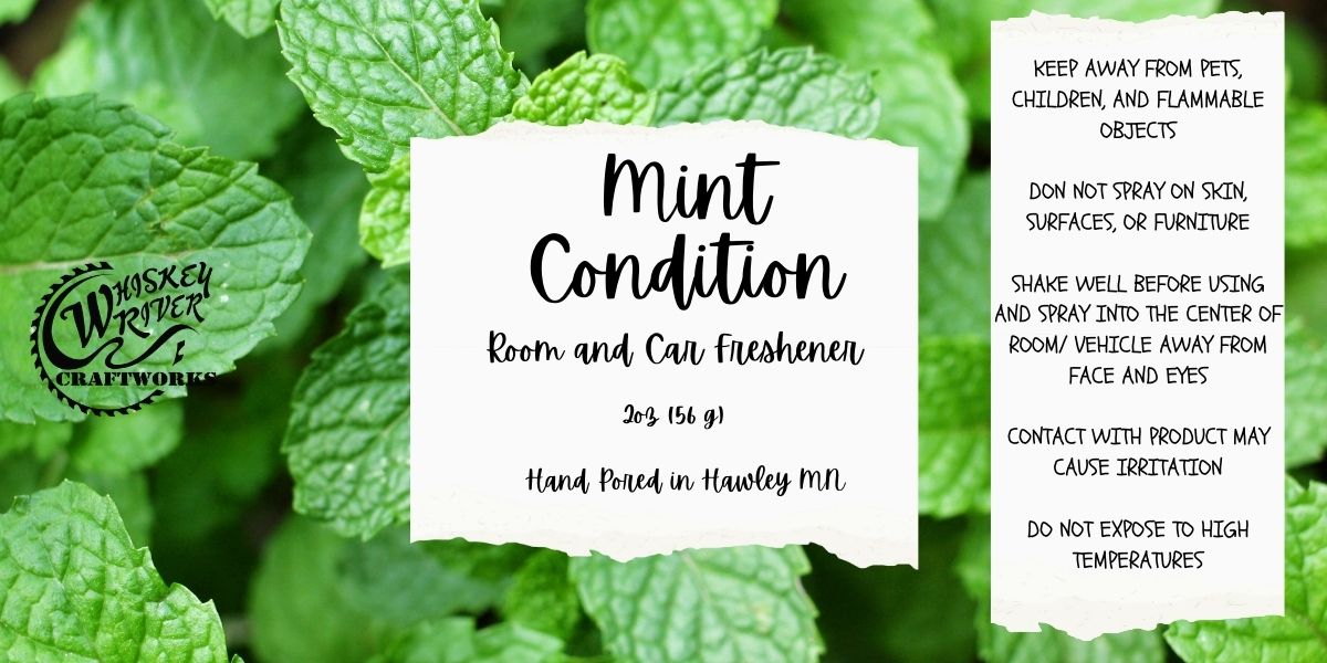 Whiskey River Craftworks "Mint Condition" Room & Car Spray—a refreshing, spa-inspired odor neutralizer featuring a clean, crisp scent profile of fresh mint, zesty lemon, verbena, and calming eucalyptus.