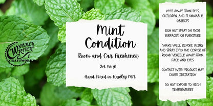 Whiskey River Craftworks "Mint Condition" Room & Car Spray—a refreshing, spa-inspired odor neutralizer featuring a clean, crisp scent profile of fresh mint, zesty lemon, verbena, and calming eucalyptus.