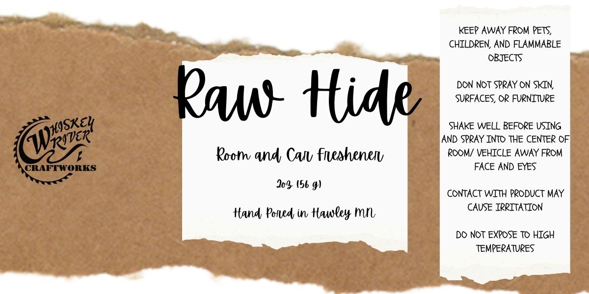 Whiskey River Craftworks Room & Car Spray, "Raw Hide" scent—a rich, rugged, and authentic leather-inspired aroma that captures the essence of the open range.