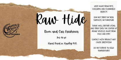 Whiskey River Craftworks Room & Car Spray, "Raw Hide" scent—a rich, rugged, and authentic leather-inspired aroma that captures the essence of the open range.