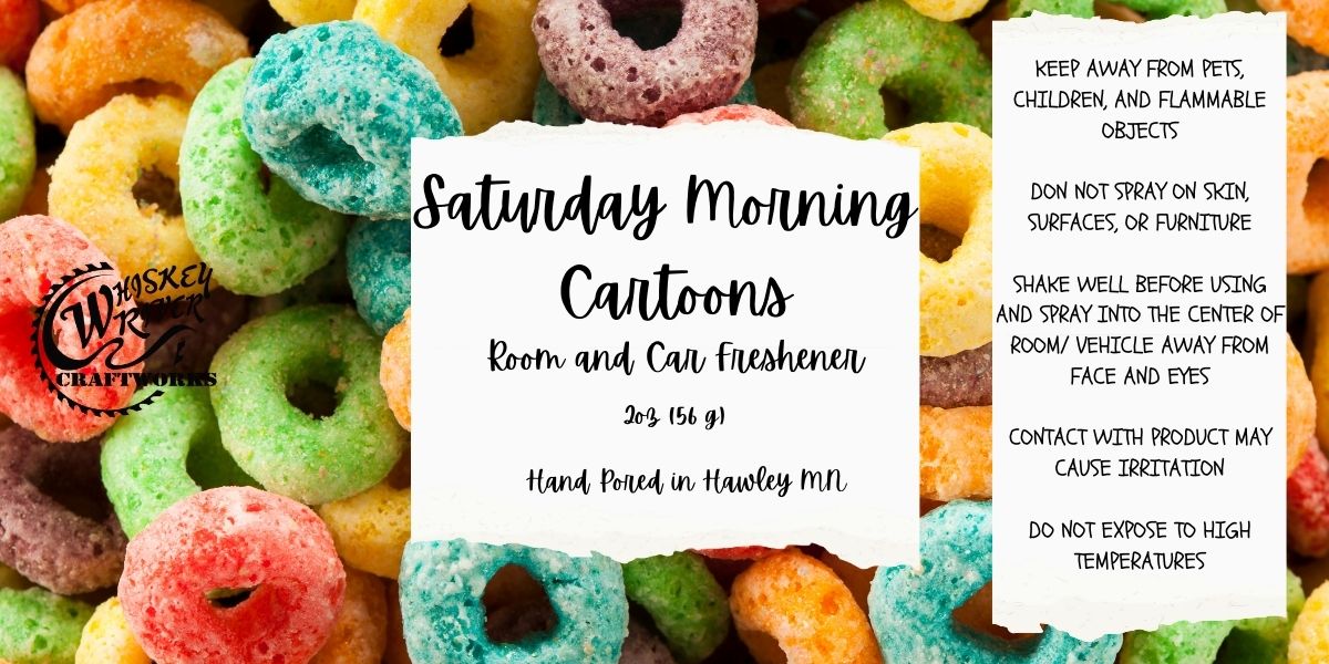 Whiskey River Craftworks Room & Car Spray, "Saturday Morning Cartoons" scent—a playful, sugary, and fruity burst of neon cereal milk and nostalgic childhood mornings