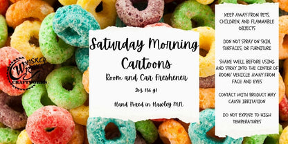 Whiskey River Craftworks Room & Car Spray, "Saturday Morning Cartoons" scent—a playful, sugary, and fruity burst of neon cereal milk and nostalgic childhood mornings
