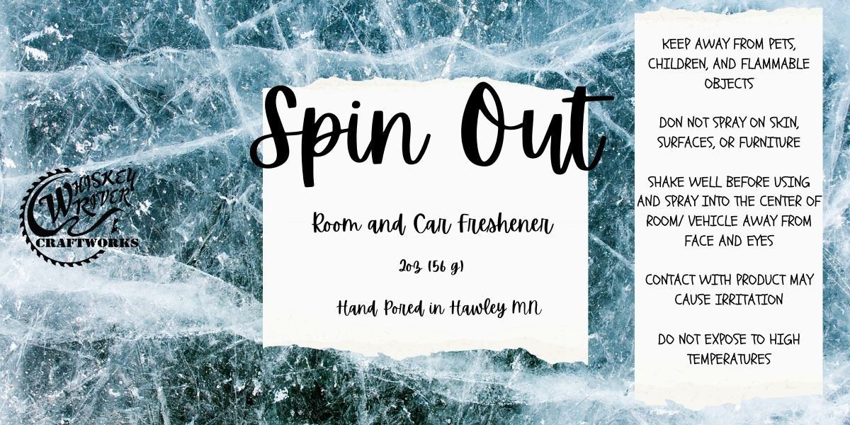 Whiskey River Craftworks "Spin Out" Room & Car Spray—a high-octane, fragrance-forward odor neutralizer featuring a cool, crisp "Black Ice" inspired scent with sharp notes of masculine cologne, icy air, and a mysterious, dark musk.