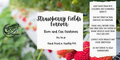 Whiskey River Craftworks "Strawberry Fields Forever" Room & Car Spray—a sweet, vibrant odor neutralizer featuring a nostalgic scent profile of fresh, sun-ripened strawberries, zesty lemon, and a sugary vanilla finish.