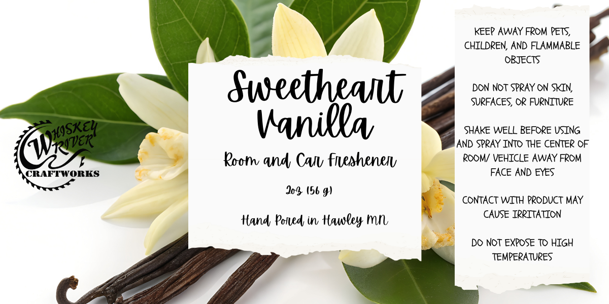 Whiskey River Craftworks "Sweetheart Vanilla" Room & Car Spray—a cozy, gourmand odor neutralizer featuring a sophisticated scent profile of warm vanilla, creamy cashmere wood, and a whisper of spice, grounded by base notes of benzoin, sandalwood, and agarwood.