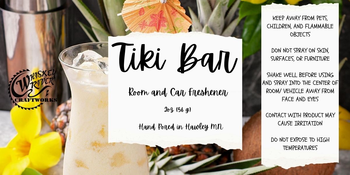 Whiskey River Craftworks "Tiki Bar" Room & Car Spray—an atmospheric odor neutralizer featuring an exotic, tropical scent profile of sparkling peach, pineapple, wild berries, plumeria, and creamy coconut crème.