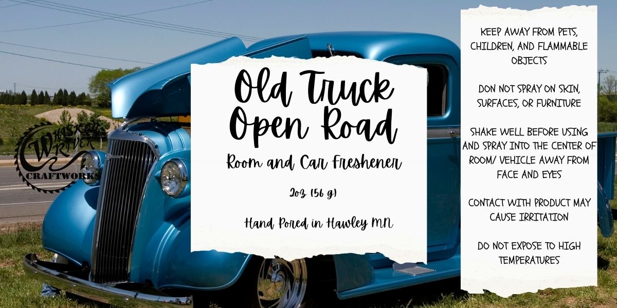 Whiskey River Craftworks "Old Truck, Open Road" Room & Car Spray—an atmospheric odor neutralizer featuring a sophisticated, masculine scent profile inspired by "Maverick Noir," with complex notes of aged leather, rosewood, dark patchouli, saffron, and bergamot.