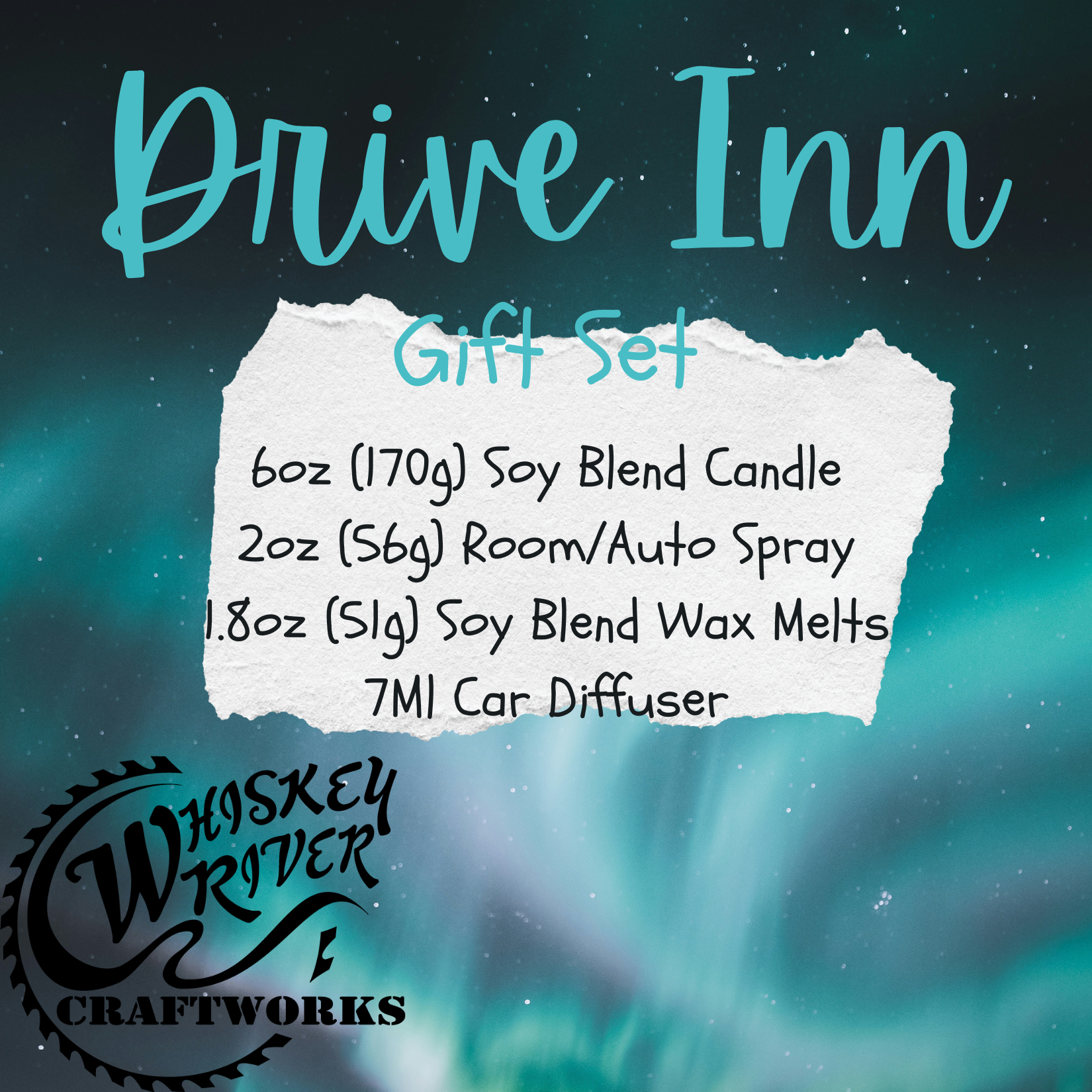 Handcrafted "Drive Inn" fragrance gift set, featuring a 6oz soy-blend candle, 1.8oz soy wax melt, 2oz spray, and 7ml car diffuser with a celestial, atmospheric scent profile.