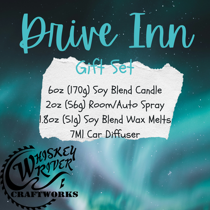 Handcrafted "Drive Inn" fragrance gift set, featuring a 6oz soy-blend candle, 1.8oz soy wax melt, 2oz spray, and 7ml car diffuser with a celestial, atmospheric scent profile.