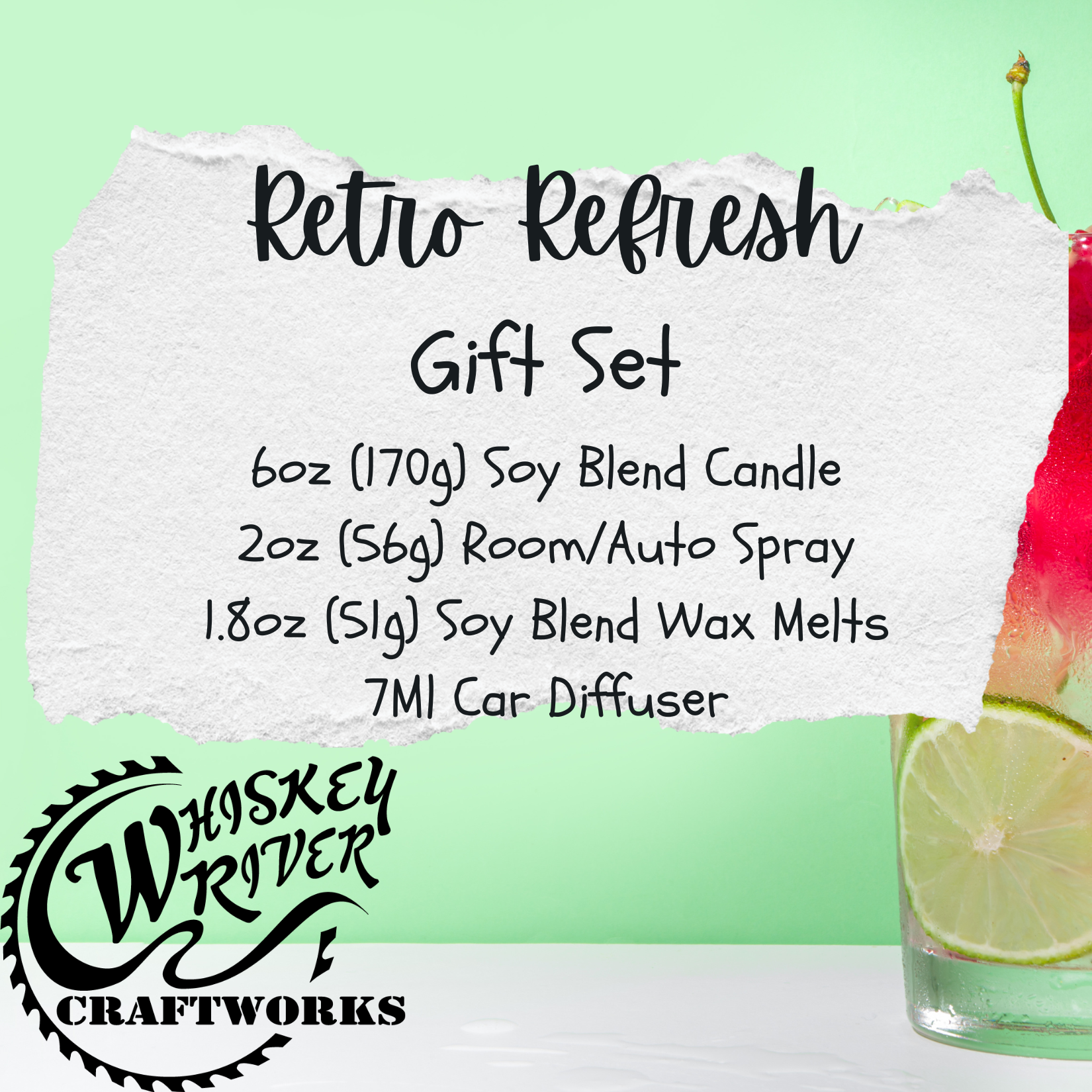 Handcrafted "Retro Refresh" fragrance gift set, featuring a 6oz soy-blend candle, 1.8oz soy wax melt, 2oz spray, and 7ml car diffuser in a crisp, nostalgic scent.