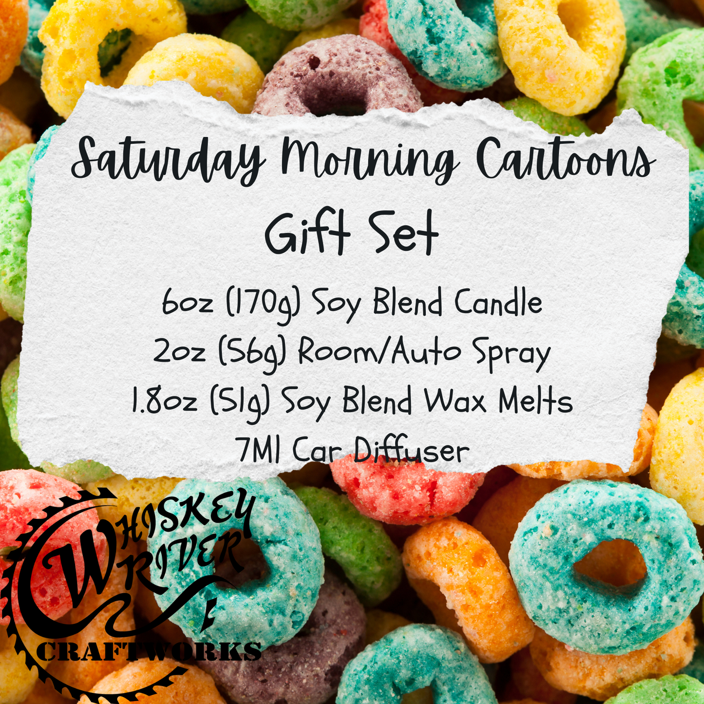 Handcrafted "Saturday Morning Cartoons" fragrance gift set, featuring a 6oz soy-blend candle, 1.8oz soy wax melt, 2oz spray, and 7ml car diffuser with a playful, fruity, nostalgic scent.