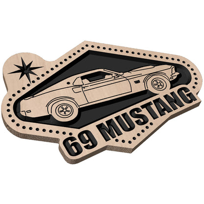 Angled shot of a Handcrafted relief-carved hardwood sign featuring a 1969 Ford Mustang design, fully customizable to showcase your favorite vehicle and personal messaging. 