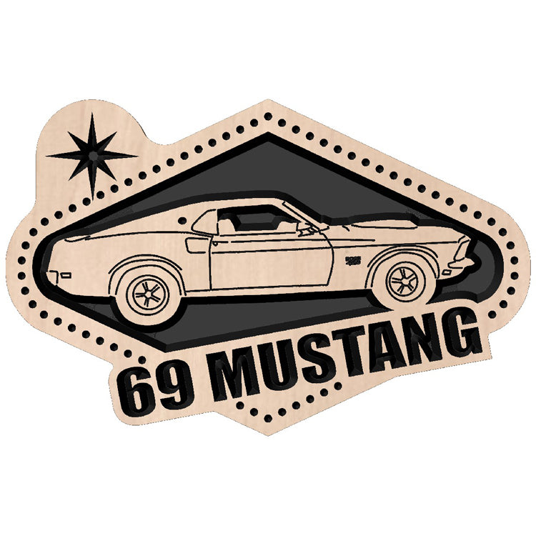 Handcrafted relief-carved hardwood sign featuring a 1969 Ford Mustang design, fully customizable to showcase your favorite vehicle and personal messaging.