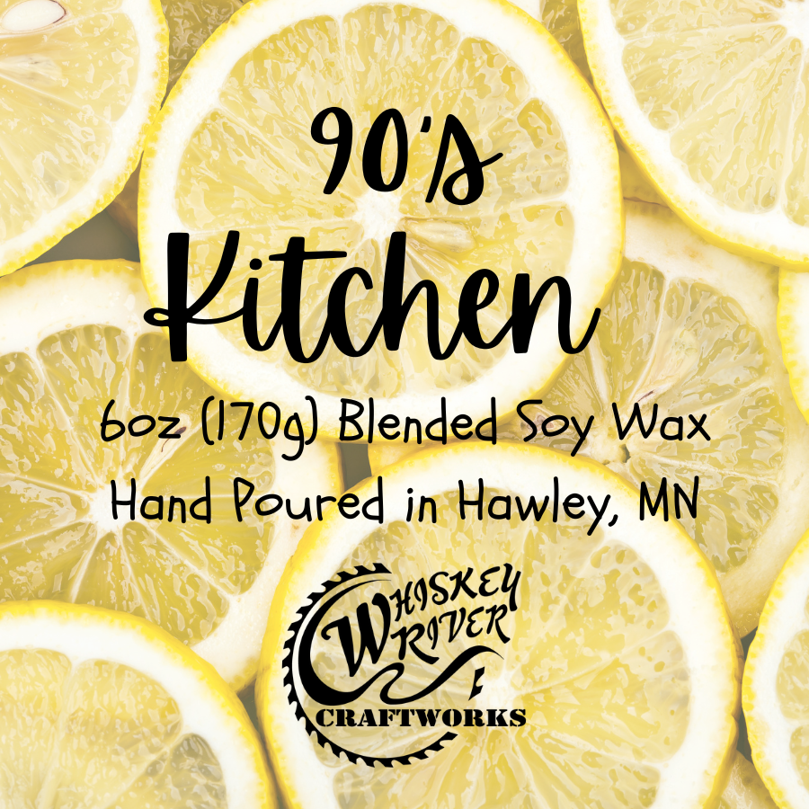 Handcrafted "90'S Kitchen" 6oz soy-blend candle, featuring a zesty, fresh-squeezed lemon scent that captures the crisp, clean nostalgia of 1990s chore days.