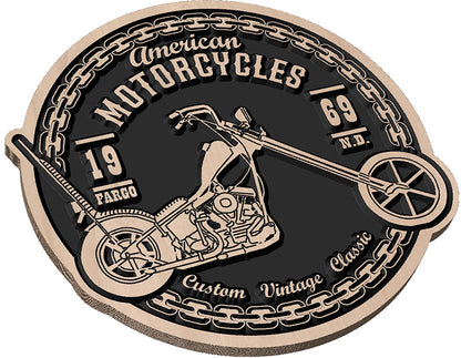 Close-up showing the premium wood grain and clean finish on a handcrafted American Chain biker sign.