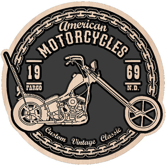Solid hardwood circular motorcycle sign featuring a vintage chopper illustration and an American Chain border.