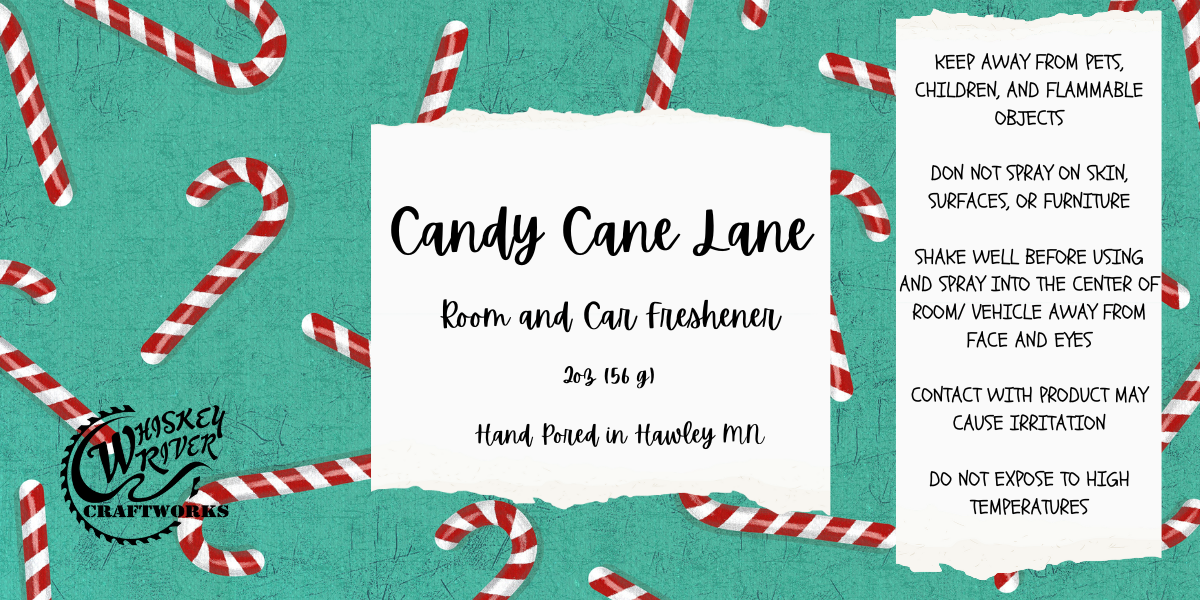 Whiskey River Craftworks Room & Car Spray, "Candy Cane Lane" scent—a crisp, festive, and sweet peppermint fragrance that brings holiday cheer to any space.
