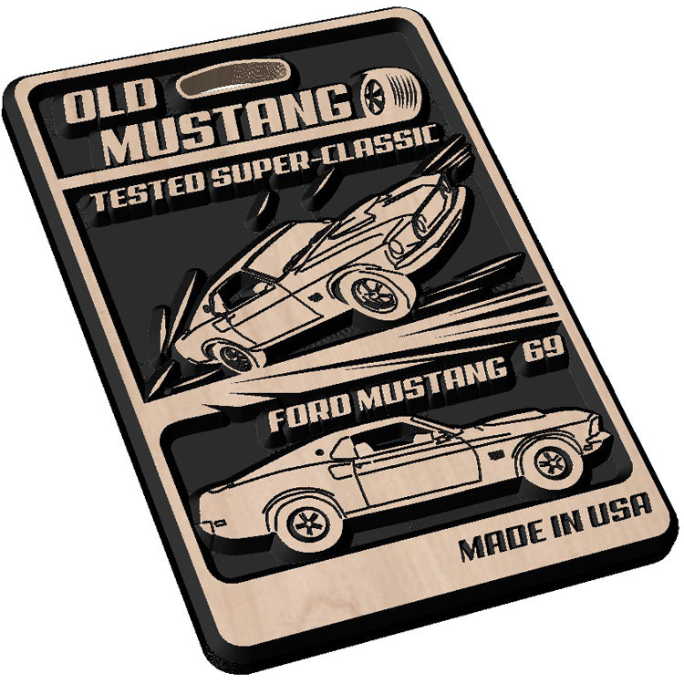 Angled shot of a Handcrafted relief-carved hardwood "Car Box" sign, featuring a customizable classic blister pack aesthetic for your vehicle.