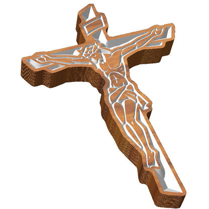 Angled shot of a Handcrafted relief-carved hardwood Catholic cross, featuring a detailed crucifix design.
