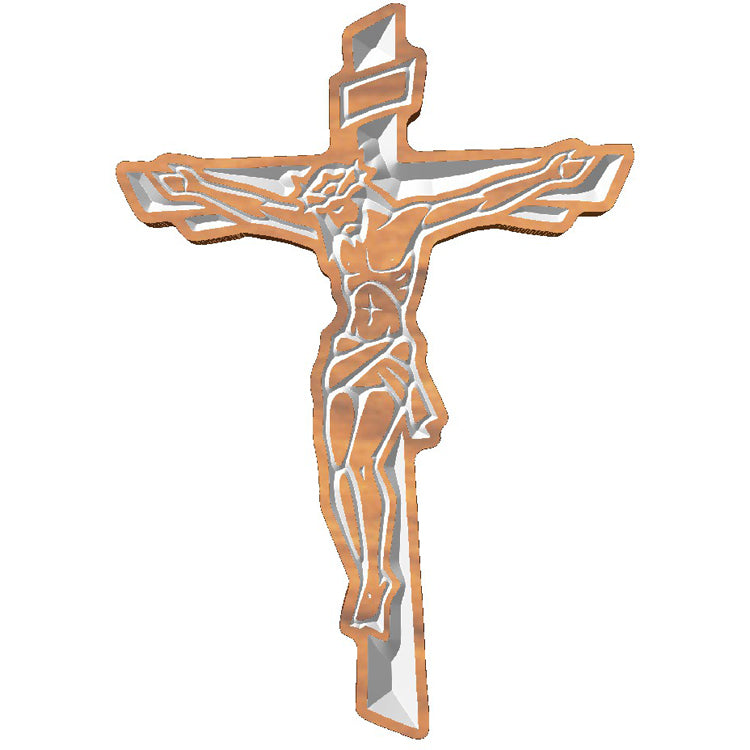 Handcrafted relief-carved hardwood Catholic cross, featuring a detailed crucifix design.
