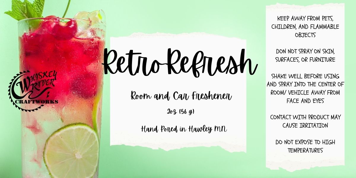 Whiskey River Craftworks "Retro Refresh" Room & Car Spray—a nostalgic, thirst-quenching odor neutralizer featuring a bright, zesty scent of cherry limeade with a cool, refreshing finish.