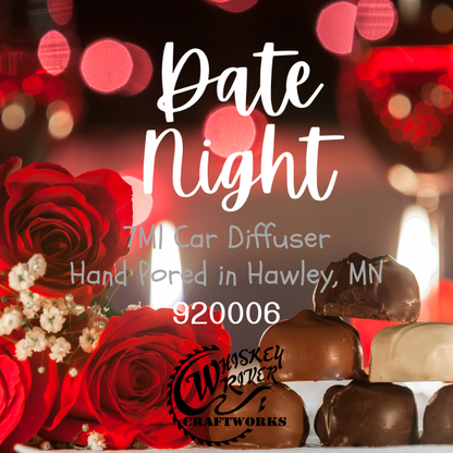 Promotional image for a 'Date Night' car diffuser with red roses and chocolates, featuring Whiskey River Craftworks logo.