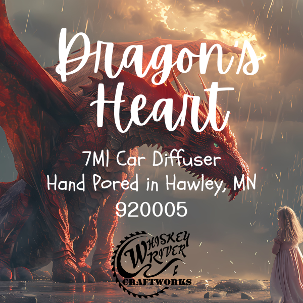 Red dragon in a fantasy setting with text about a car diffuser and Whiskey River Craftworks.