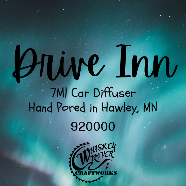 Car Diffuser variant in Drive Inn featuring a custom teal fragrance label with retro typography.