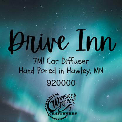 Car Diffuser variant in Drive Inn featuring a custom teal fragrance label with retro typography.