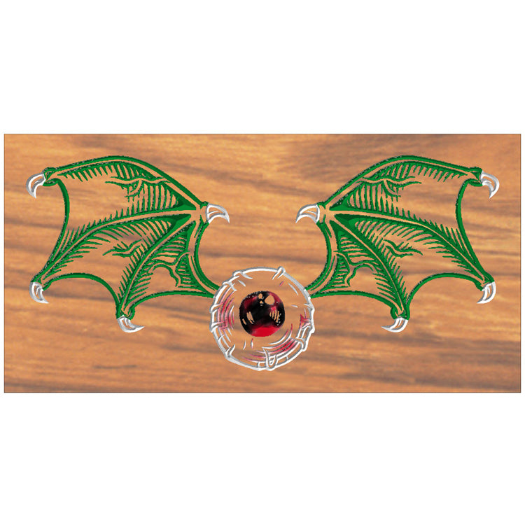 Relief carved hardwood sign featuring a stylized winged eyeball design with green wings.