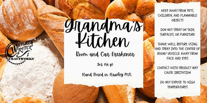Whiskey River Craftworks Room & Car Spray, "Grandma's Kitchen" scent—a warm, comforting aroma of freshly baked bread, oats, and creamy melted butter.