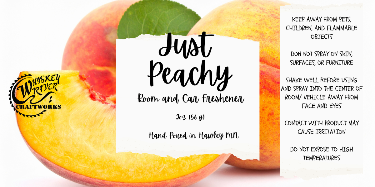 Whiskey River Craftworks "Just Peachy" Room & Car Spray—a succulent, mouth-watering odor neutralizer featuring a realistic scent profile of fresh Georgia peach nectar, zesty orange, and a sweet, musky vanilla finish.