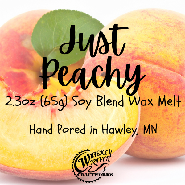 Wax Melts variant in Just Peachy featuring a vintage orchard-style custom fragrance label on a clear clamshell pack.