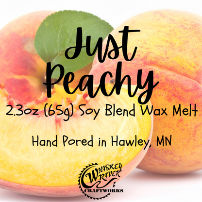 Wax Melts variant in Just Peachy featuring a vintage orchard-style custom fragrance label on a clear clamshell pack.