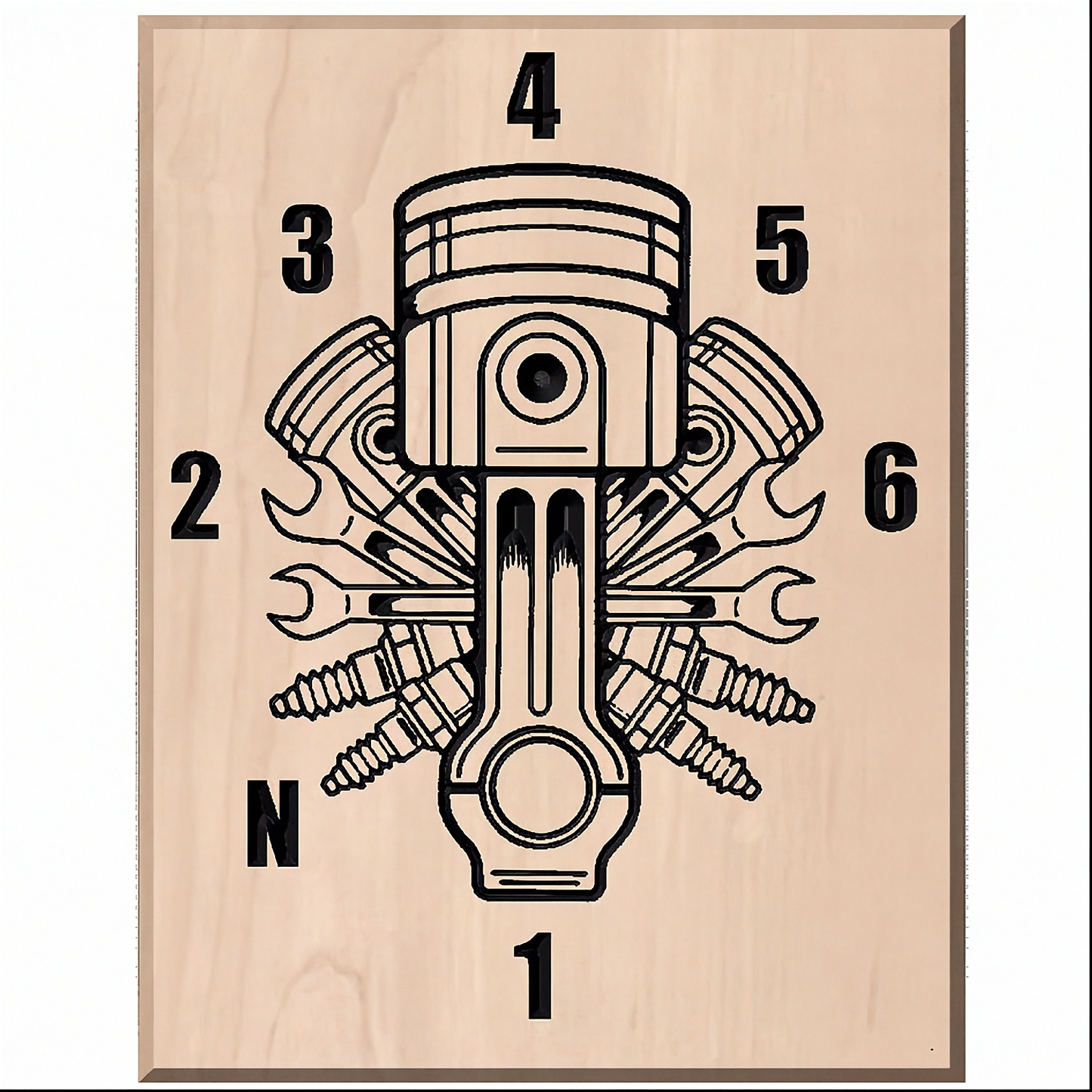 Handcrafted 12x15.5 inch solid hardwood sign featuring 1N23456 motorcycle shift pattern and piston design.