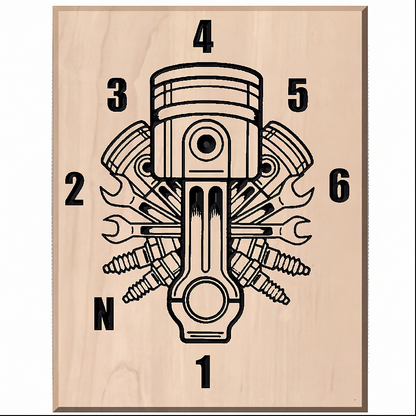 Handcrafted 12x15.5 inch solid hardwood sign featuring 1N23456 motorcycle shift pattern and piston design.