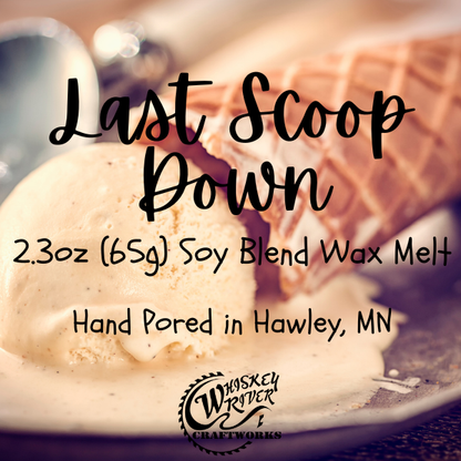 Wax Melts variant in Last Scoop Down featuring an ice cream shop-inspired retro custom fragrance label on a clear clamshell pack.