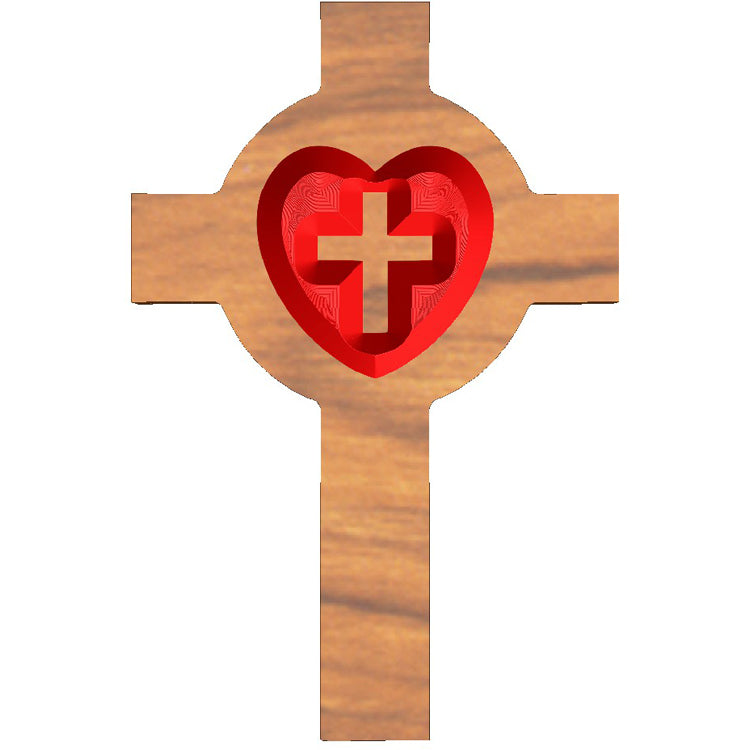 Relief carved hardwood Lutheran cross sign with a red heart design on a white background