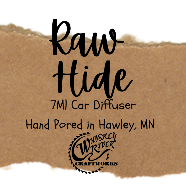 Raw Hide 7MI Car Diffuser with Whiskey River Craftworks logo on a brown background