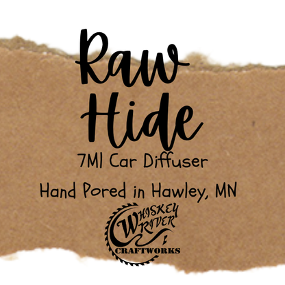 Raw Hide 7MI Car Diffuser with Whiskey River Craftworks logo on a brown background