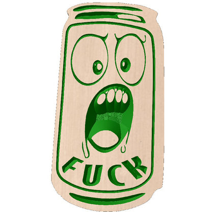 Relief carved hardwood can-shaped sign with green painted screaming cartoon face and the text FUCK on a white background.