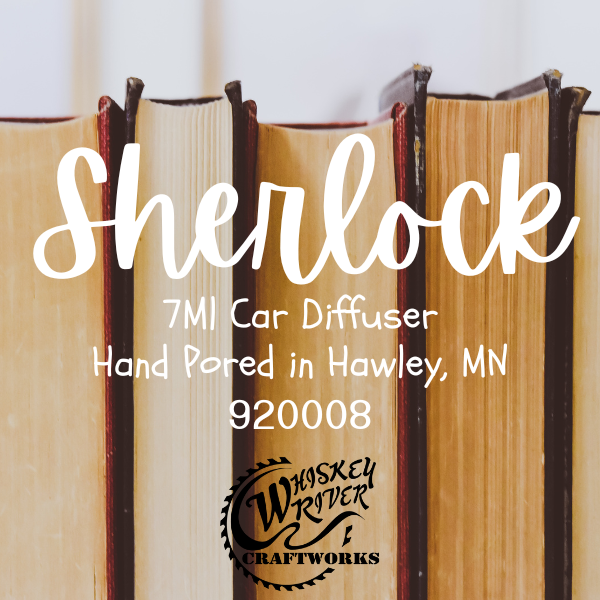 Car Diffuser variant in Shurlock featuring a custom vintage label set against a background of old leather book spines.
