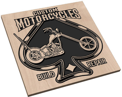 Close-up showing the premium wood grain and clean finish on the Spade Ride motorcycle sign.