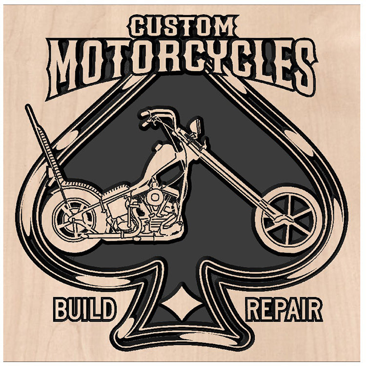 Solid hardwood ace of spades shaped sign featuring a custom motorcycle illustration.