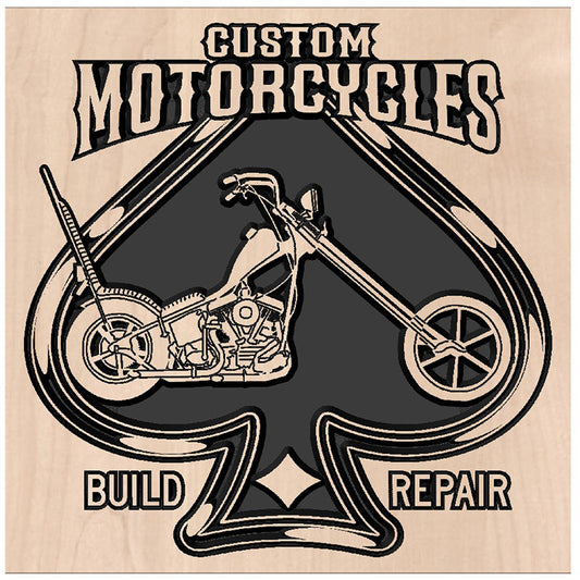 Solid hardwood ace of spades shaped sign featuring a custom motorcycle illustration.