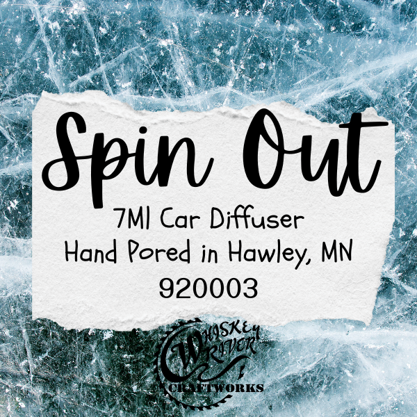 Product packaging with text 'Spin Out 7MI Car Diffuser Hand Poured in Hawley, MN on a textured blue background.