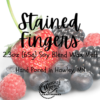 Wax Melts variant in Stained Fingers featuring a rich, custom very berry themed retro fragrance label on a clear clamshell pack.