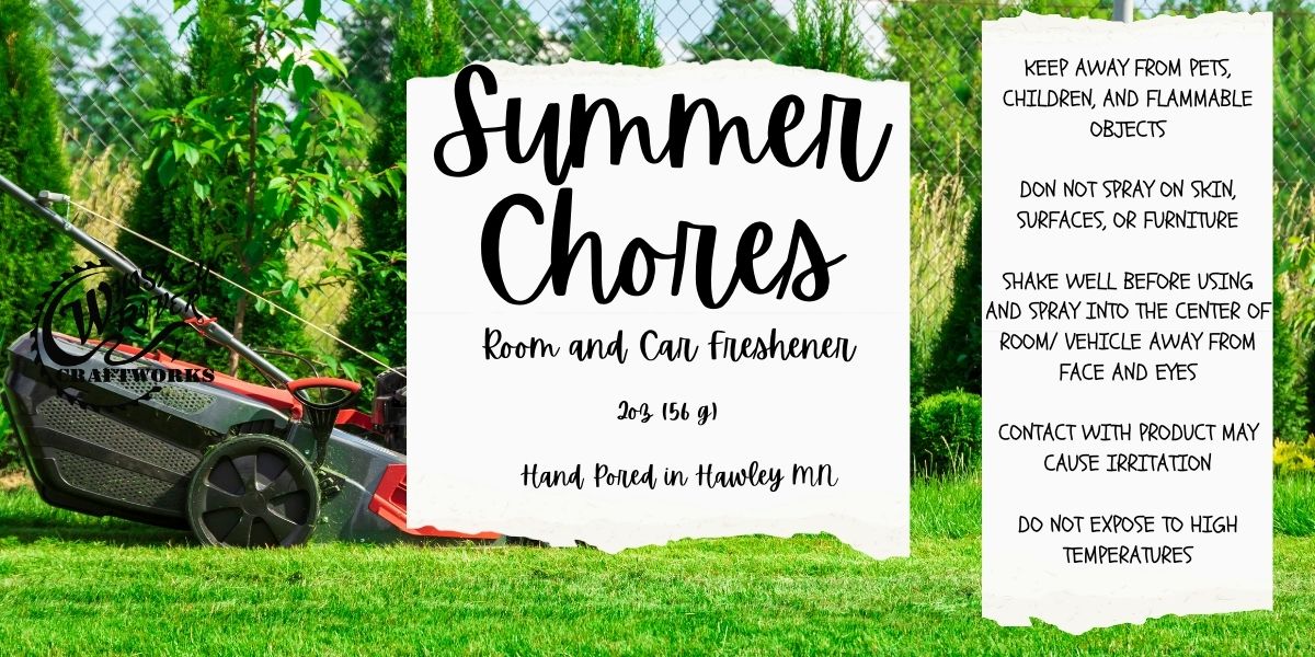 Whiskey River Craftworks Room & Car Spray, "Summer Chores" scent—a clean, nostalgic aroma of fresh-cut grass, sun-warmed pavement, and bright citrus sunshine