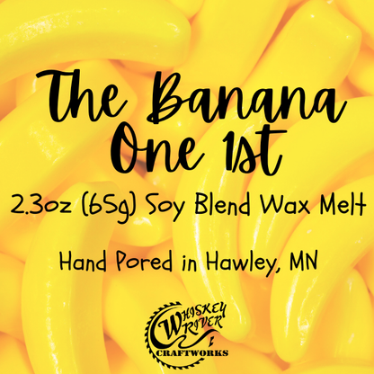 Wax Melts variant in The Banana One 1st featuring a bright, playful custom fragrance label on a clear clamshell pack.