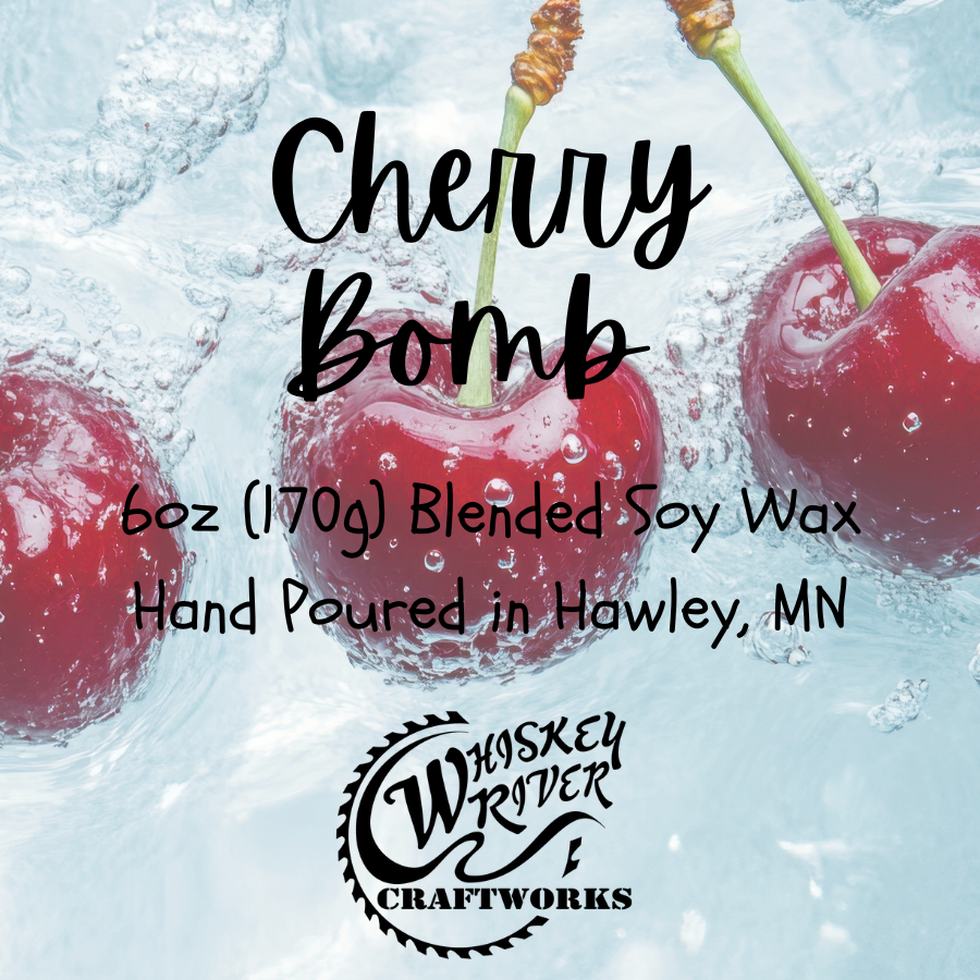 Handcrafted "Cherry Bomb" 6oz soy-blend candle, featuring a bright, effervescent scent of sparkling black cherry, lemon-lime, and strawberry, designed to be bold, playful, and nostalgic.